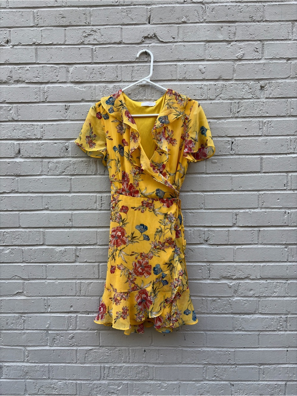 Lush Yellow Floral Wrap Mini Dress with Ruffle Detail